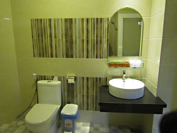 A bathroom with a toilet, a sink, a mirror, and a shower. - Ninh Chu Hotel (Ninh Chu)