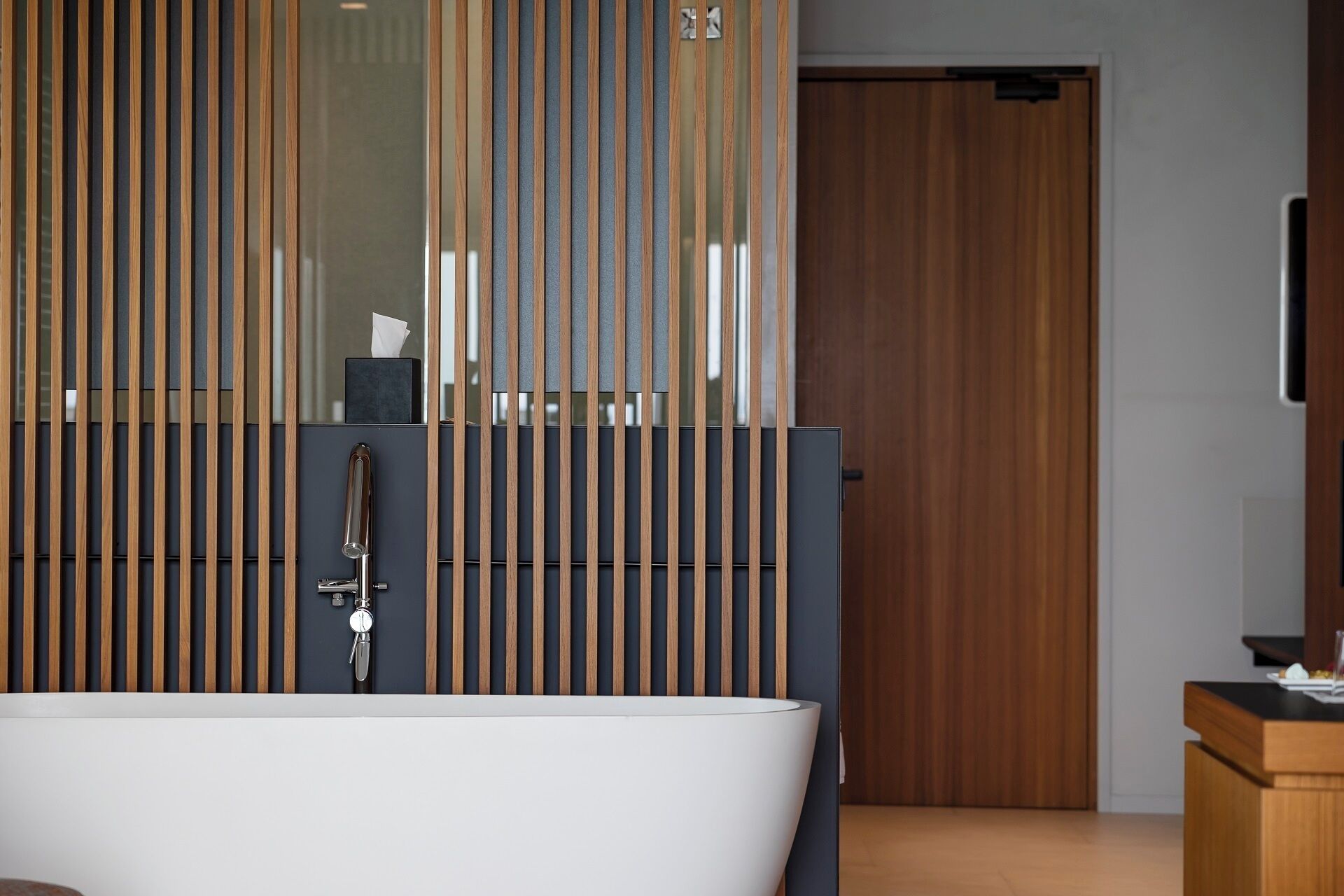 Un baño moderno con una bañera, un perchero para toallas y una puerta de madera.