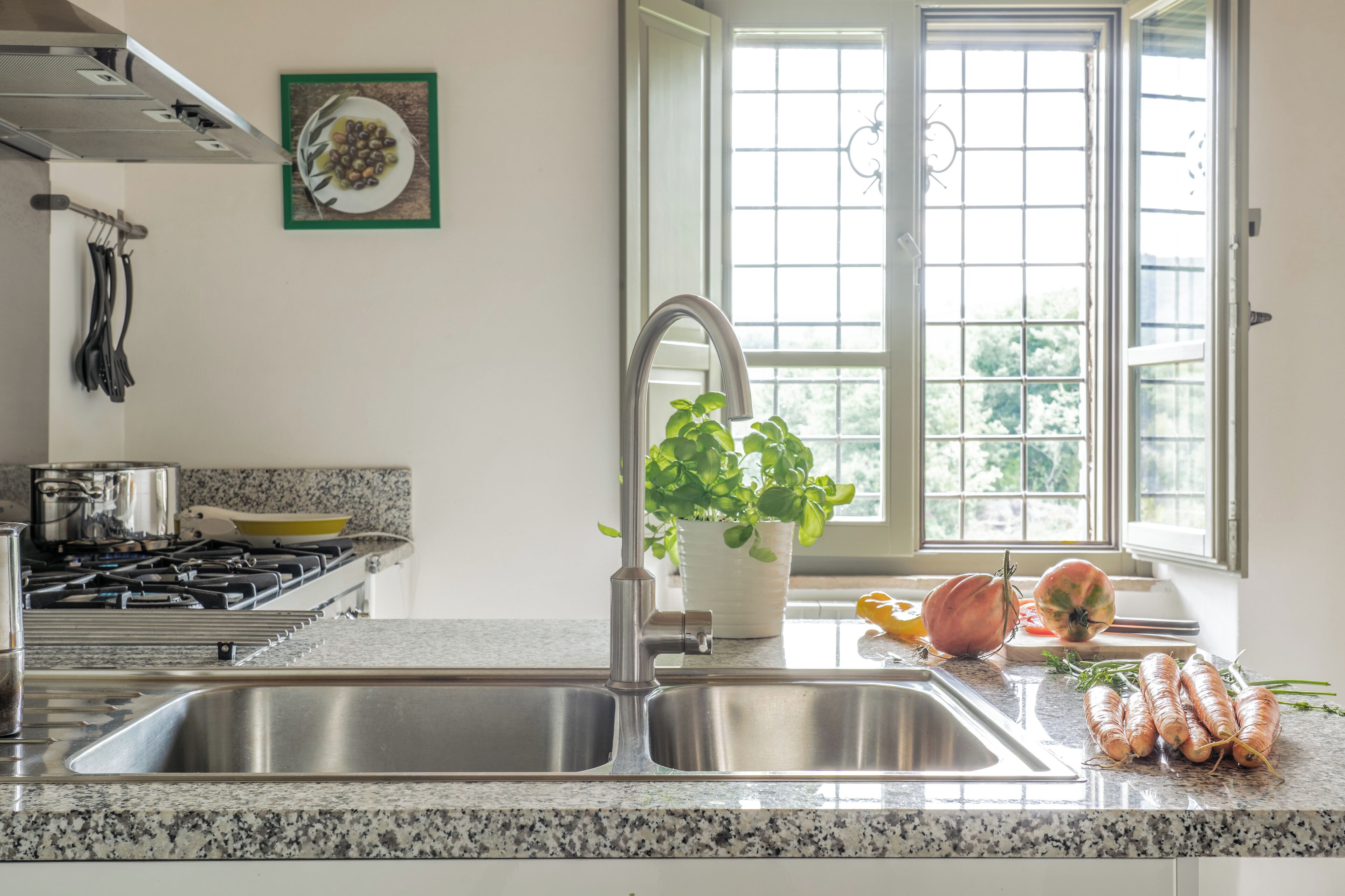 A kitchen with a stainless steel sink, a stove, and a window with a view of greenery.