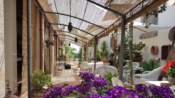 An outdoor covered patio area with tables and chairs, surrounded by potted plants and flowers. - A Lumìa (Noto)