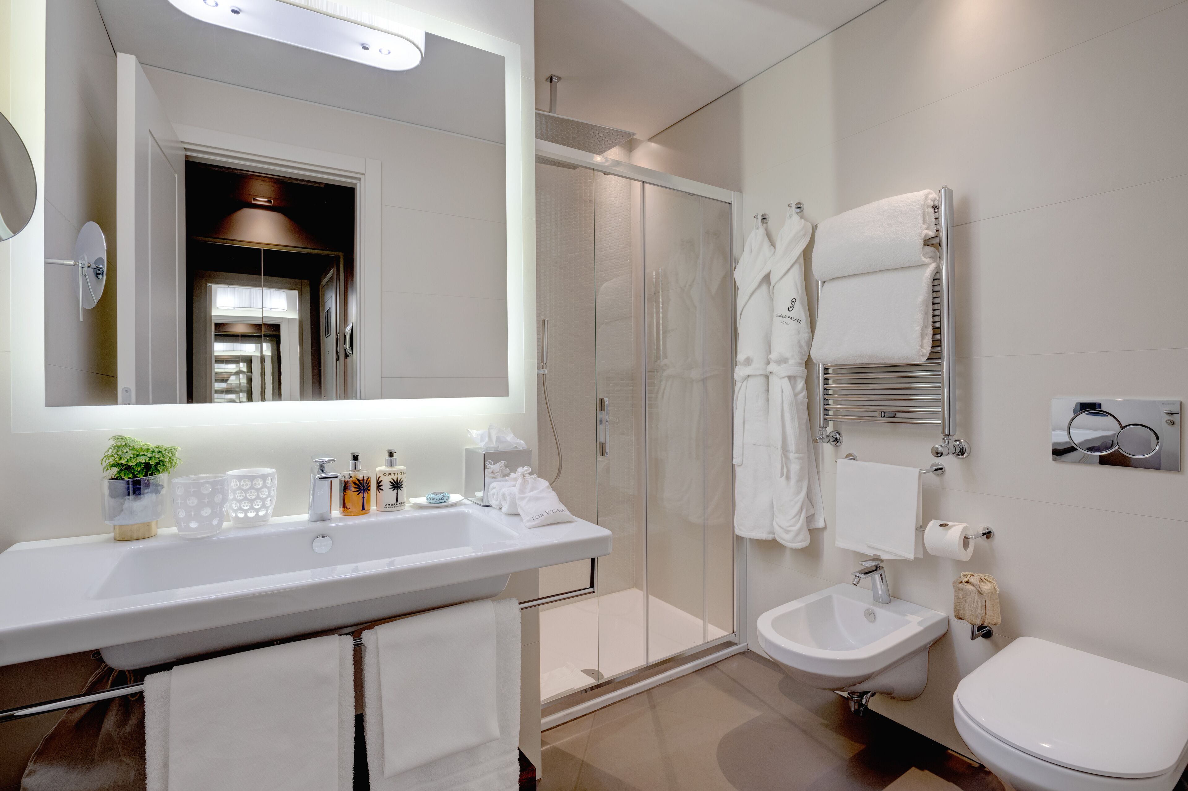 shower, rainfall showerhead, designer toiletries, hair dryer