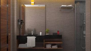 Douche, douche à « effet pluie », articles de toilette gratuits