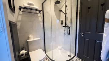 A bathroom with a toilet, a shower enclosure, and a door.
