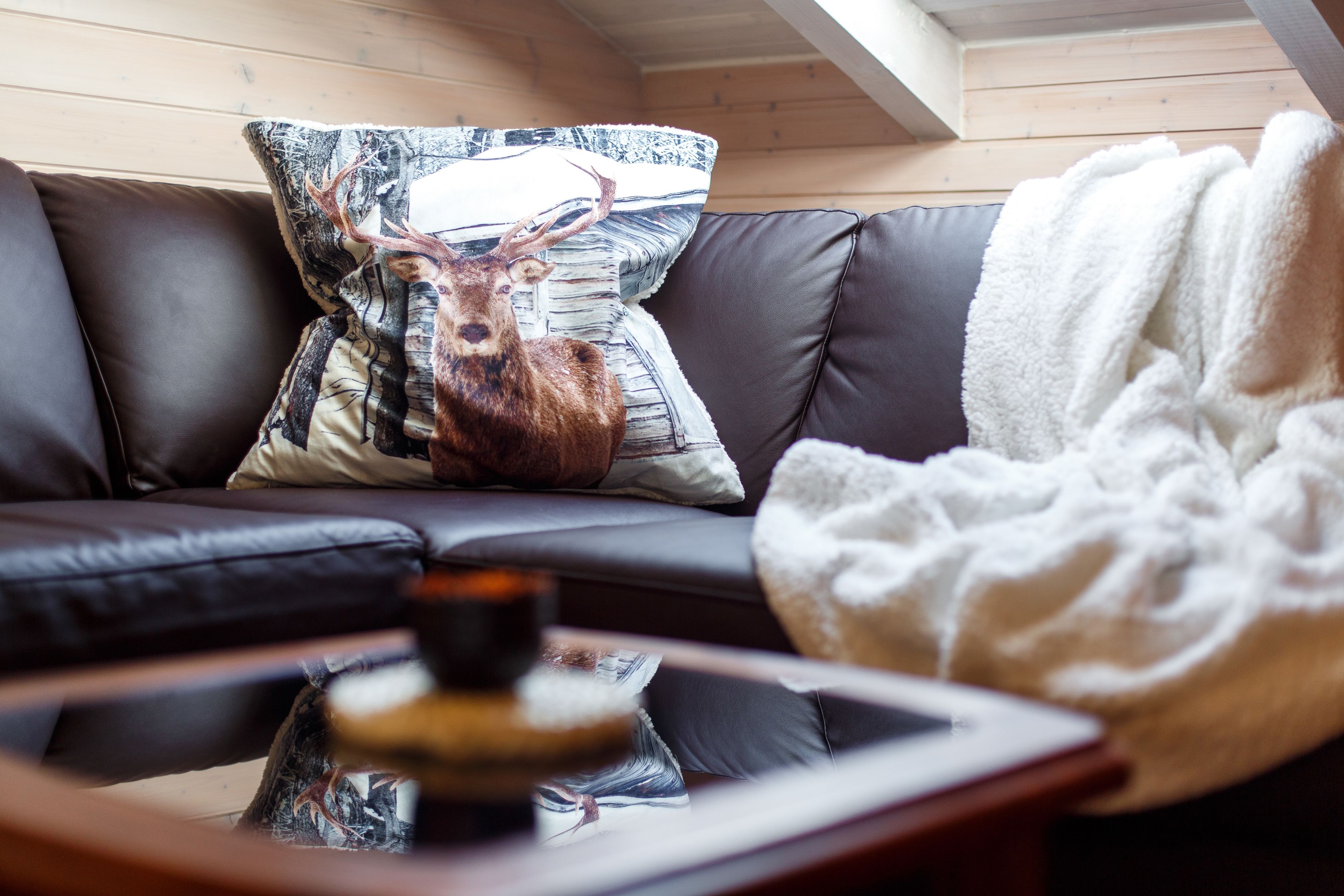 A cozy living room with a leather sofa, a blanket, and a deer pillow.