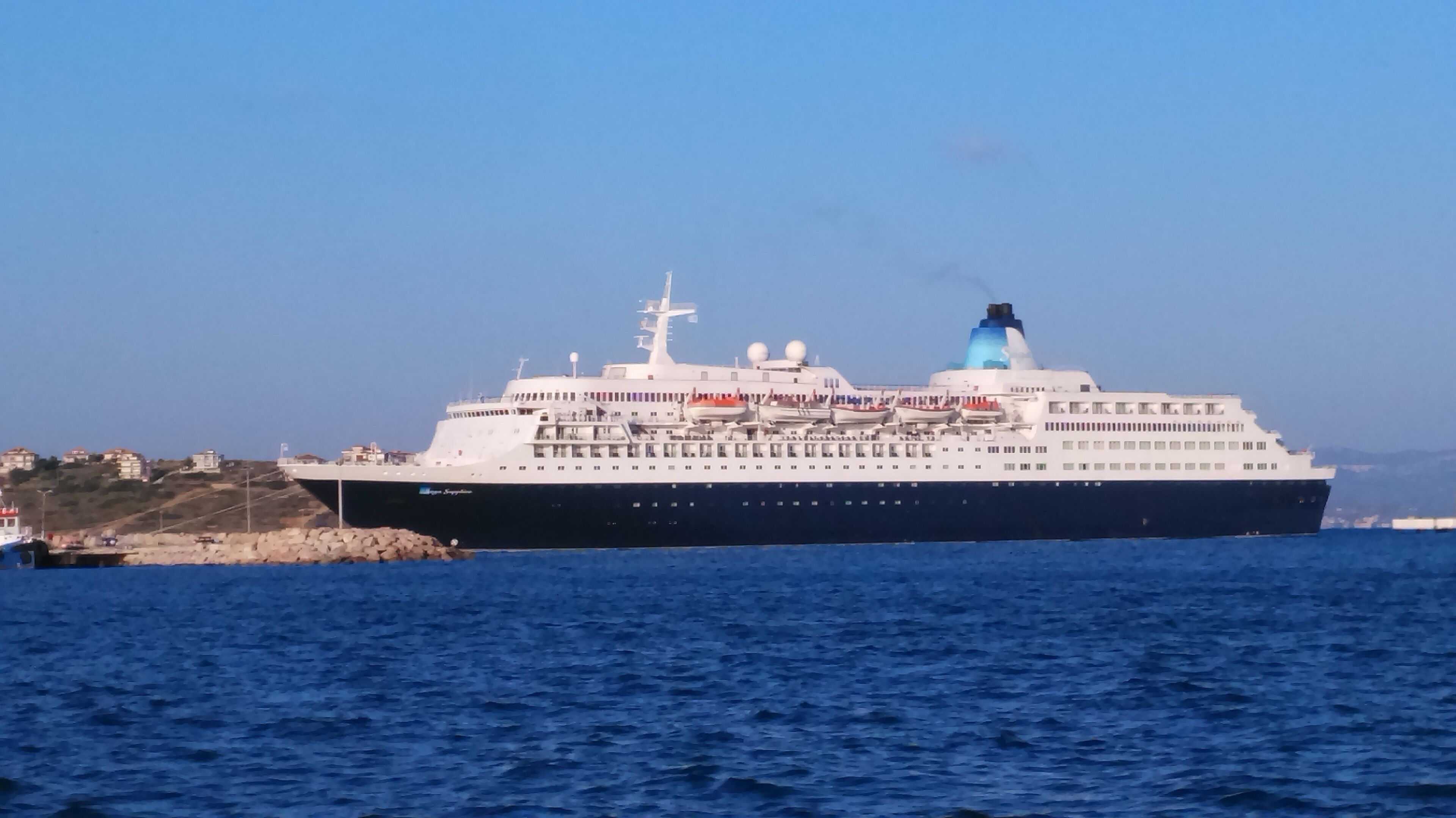 Un gran crucero amarrado en puerto, con un cielo azul despejado al fondo.