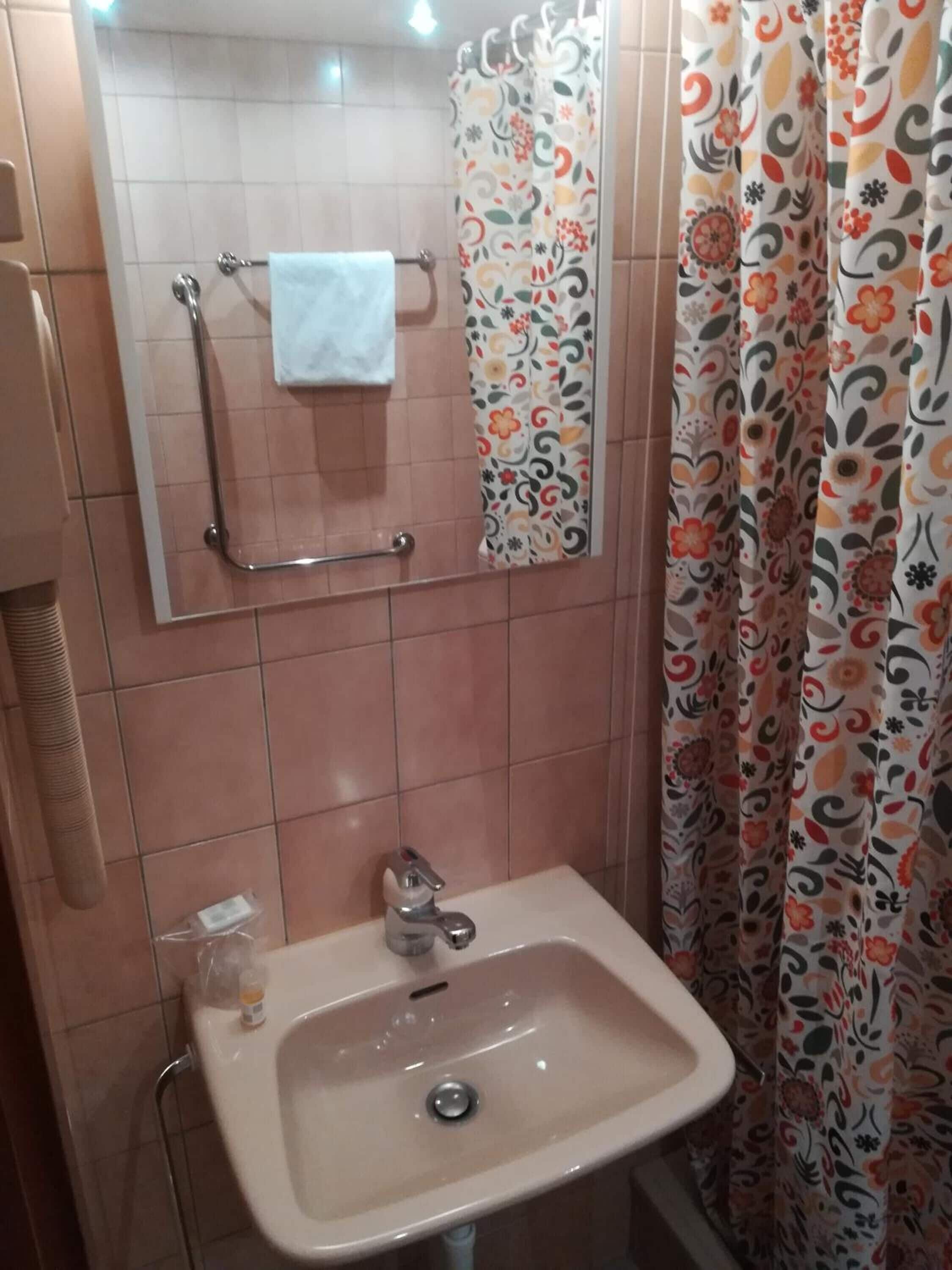 Ein Badezimmer mit Waschbecken, Spiegel, Handtuchhalter und Duschvorhang.
