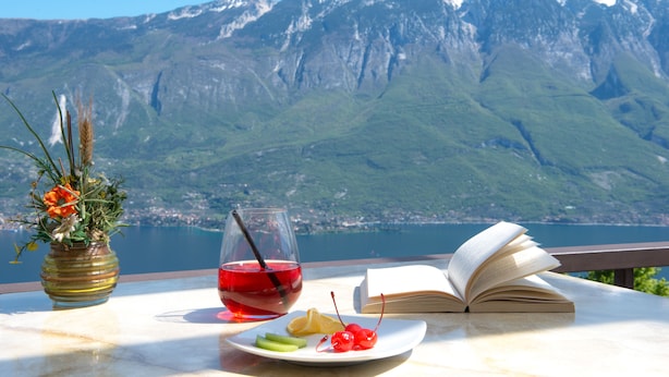 Una mesa con un libro, un vaso de bebida roja, un plato con fruta y una jarra con flores, con vistas a un lago y montañas.