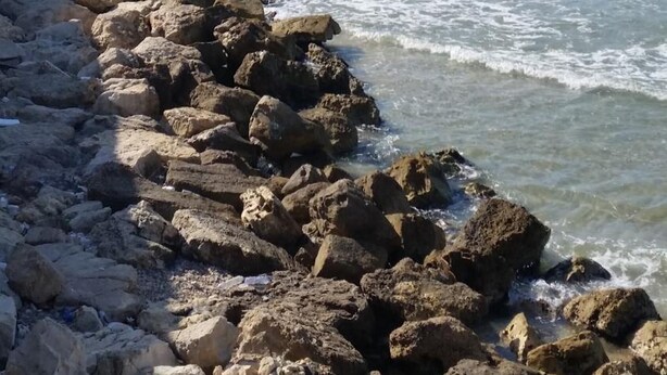Una costa rocosa con olas rompiendo contra las rocas.