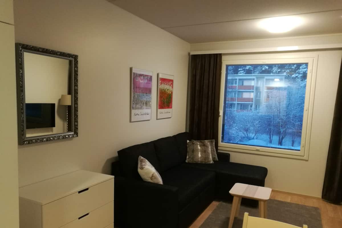 A compact living space with a black sofa, a small white table, a mirror, and a window with a view of a snowy landscape.