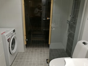 Superior Apartment, 1 Bedroom, Sauna, Courtyard Area | Bathroom | Shower, hair dryer, bidet, heated floors
