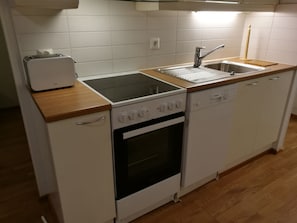 Eine kleine Küche mit Herd, Backofen und Geschirrspüler.