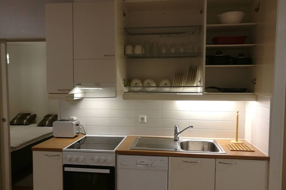A compact kitchen with a stove, dishwasher, sink, and a dish rack above the countertop.