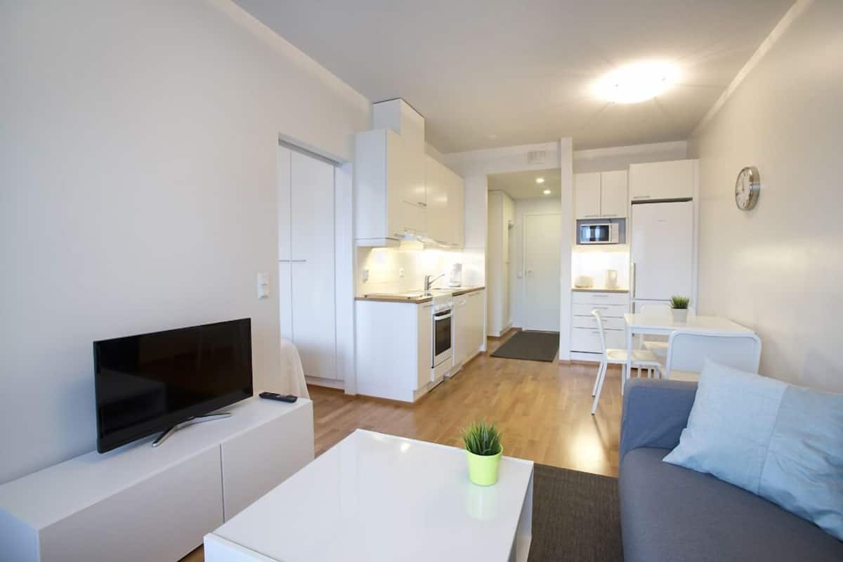 A modern apartment with a living room, kitchen, and dining area.