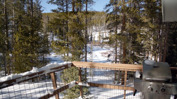 Une terrasse en bois avec un barbecue en métal, entourée d’un paysage enneigé et d’arbres.