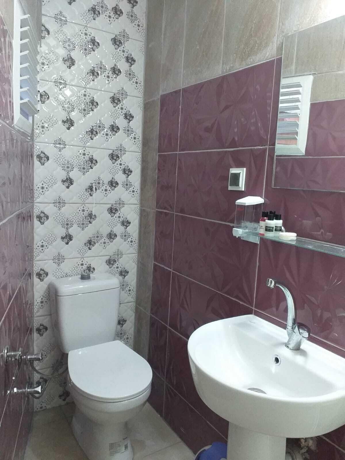 A bathroom with a toilet, a sink, and a shower area.