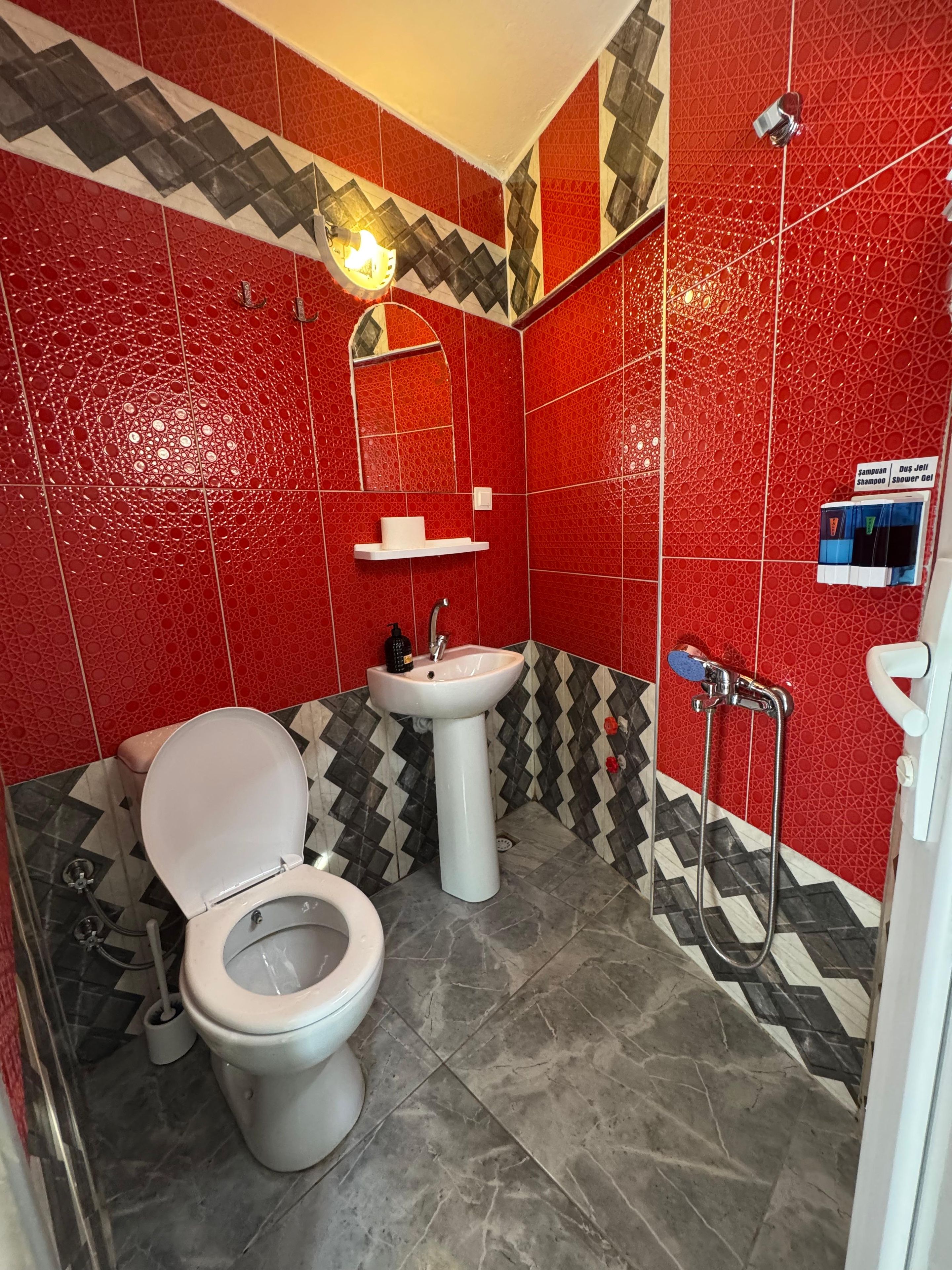 Un bagno con il water, un lavandino e una doccia.