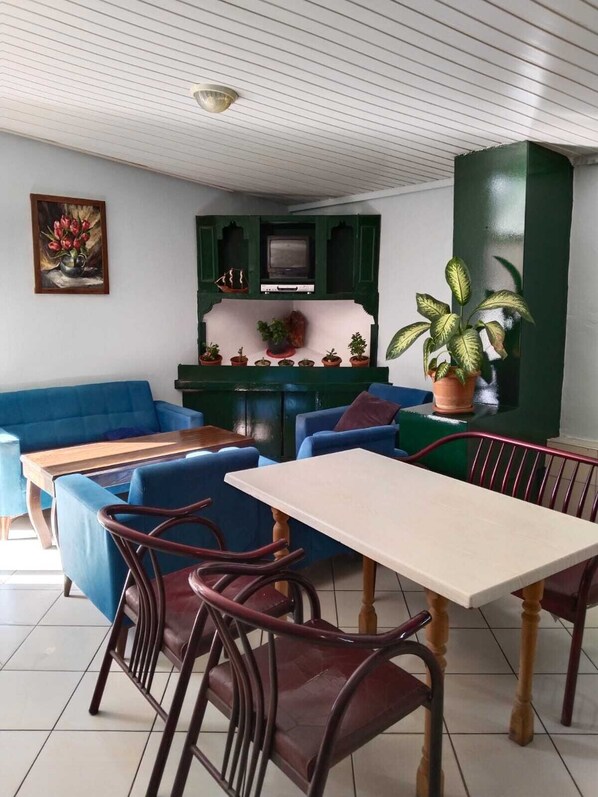 Un coin repas avec un mur vert, un téléviseur et une plante en pot.