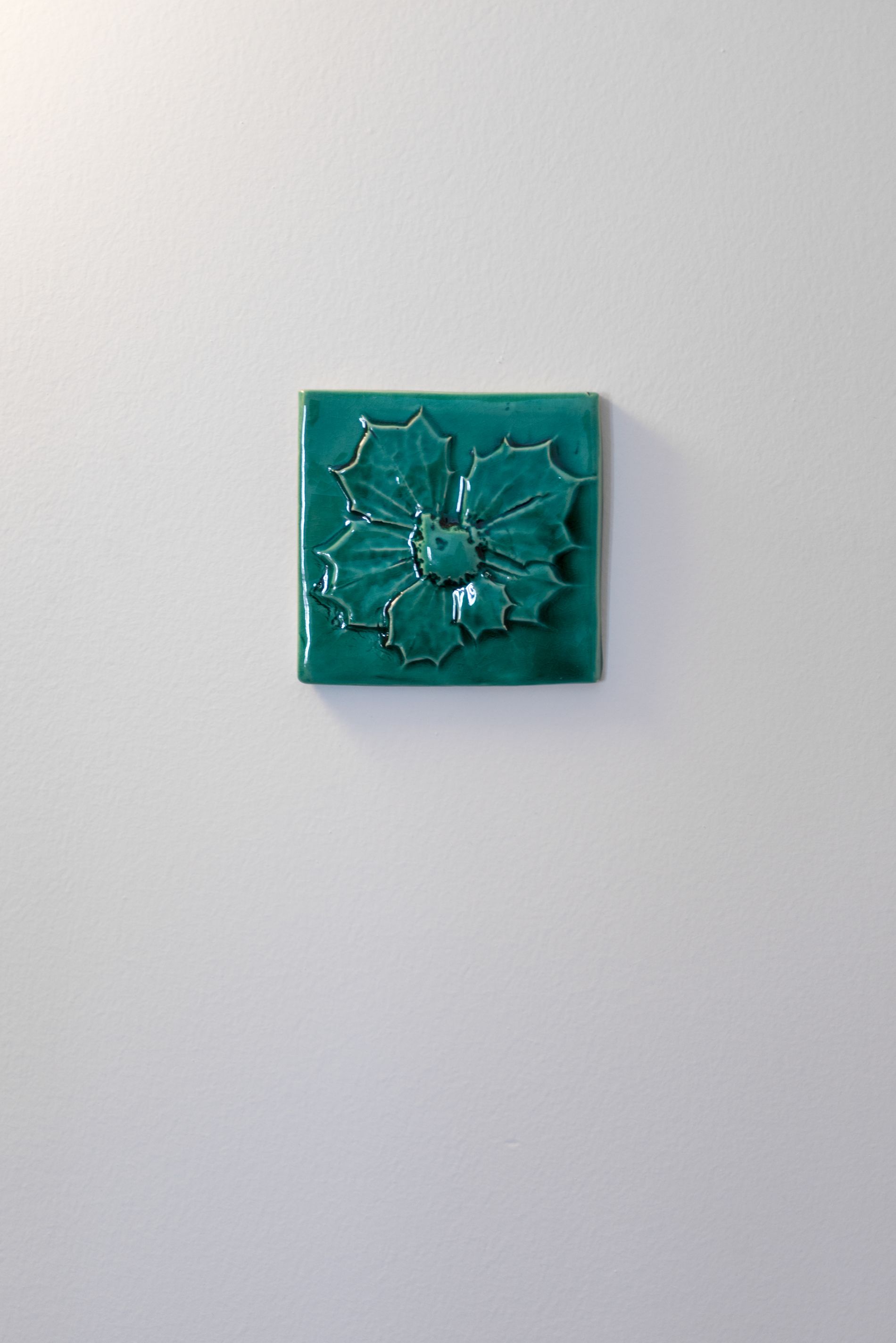 A teal ceramic tile with a cracked design on a plain white wall.