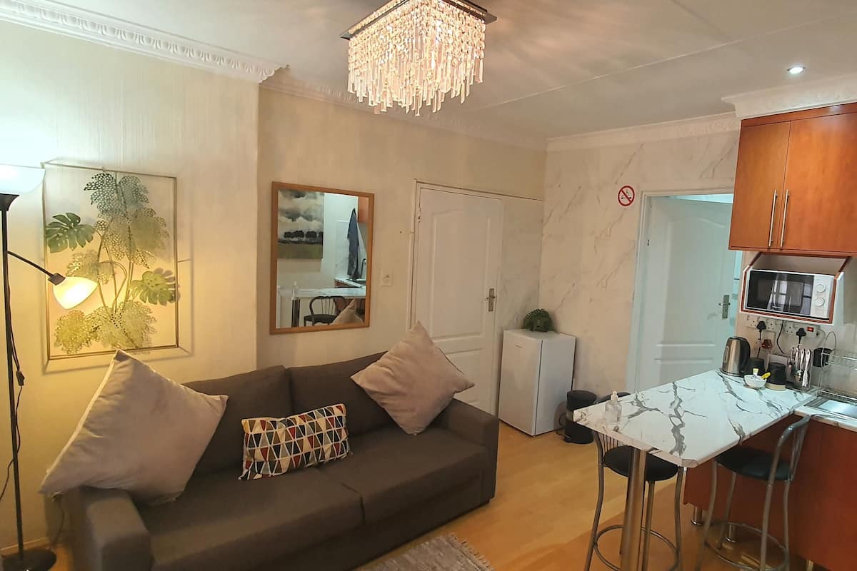 A compact living space with a kitchenette, a dining area, and a sofa with cushions.