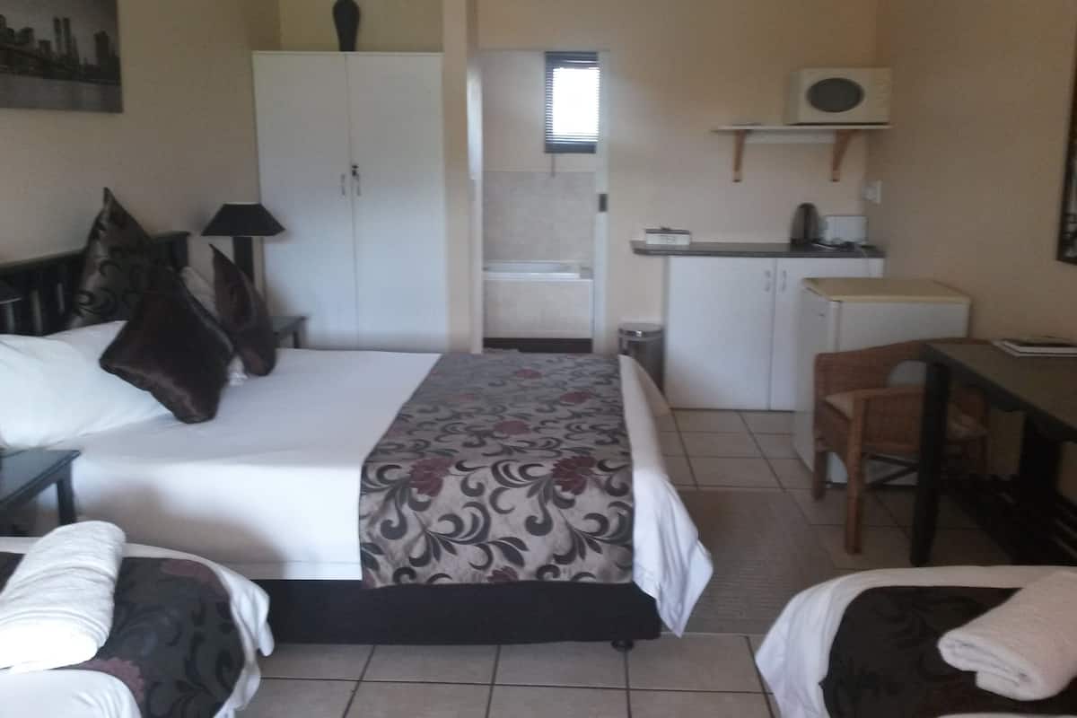 A hotel room with a bed, a desk, a chair, a wardrobe, and a small kitchenette.