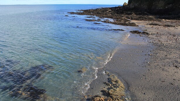 A beach with clear water, rocky shore, and a grassy cliff. - Hookless Holiday Homes (Templetown)