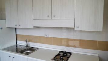 A kitchen with white cabinets, a stainless steel sink, and a gas stove.