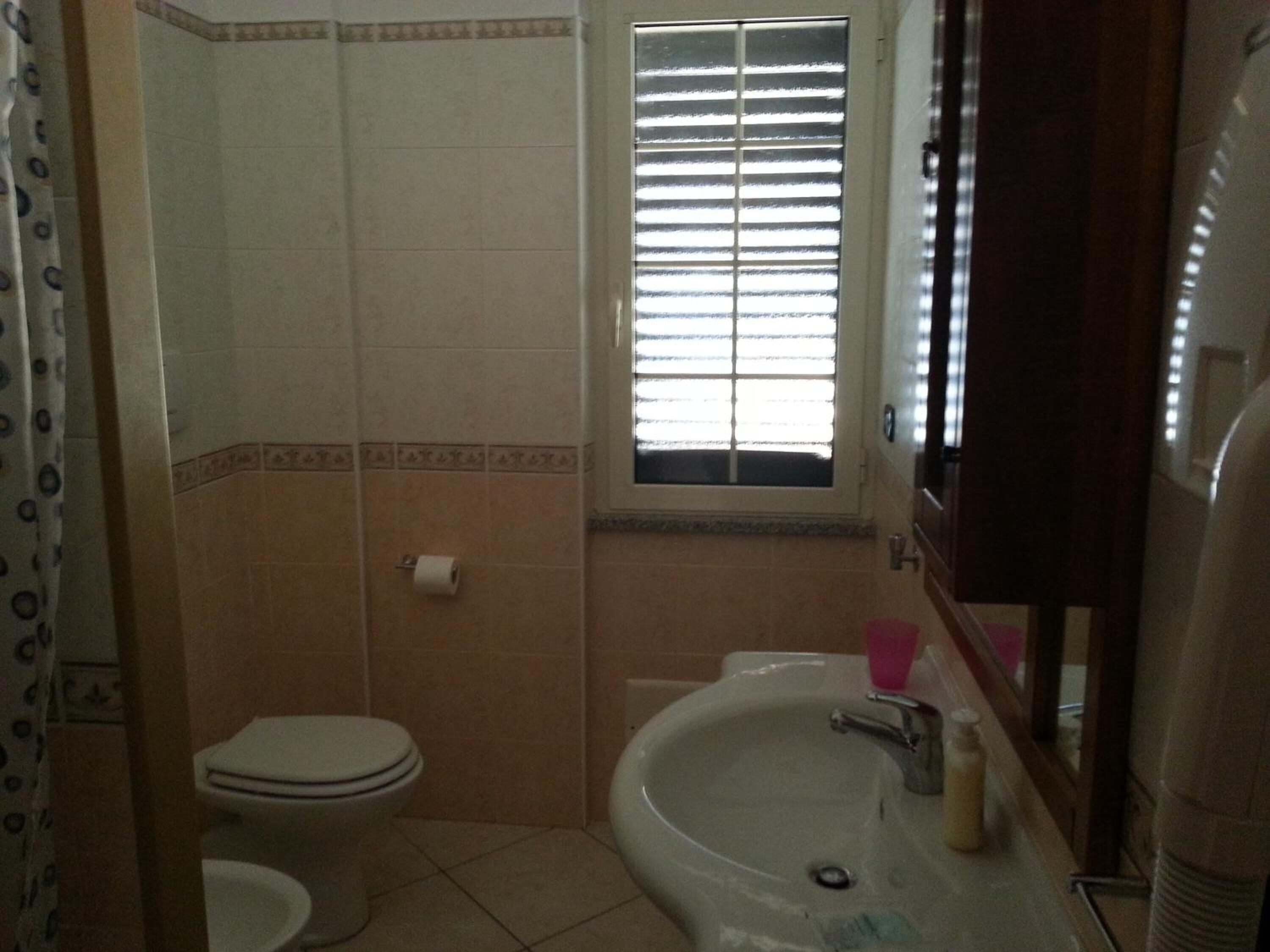 Et lille badeværelse med toilet, håndvask og et vindue med rullegardiner.