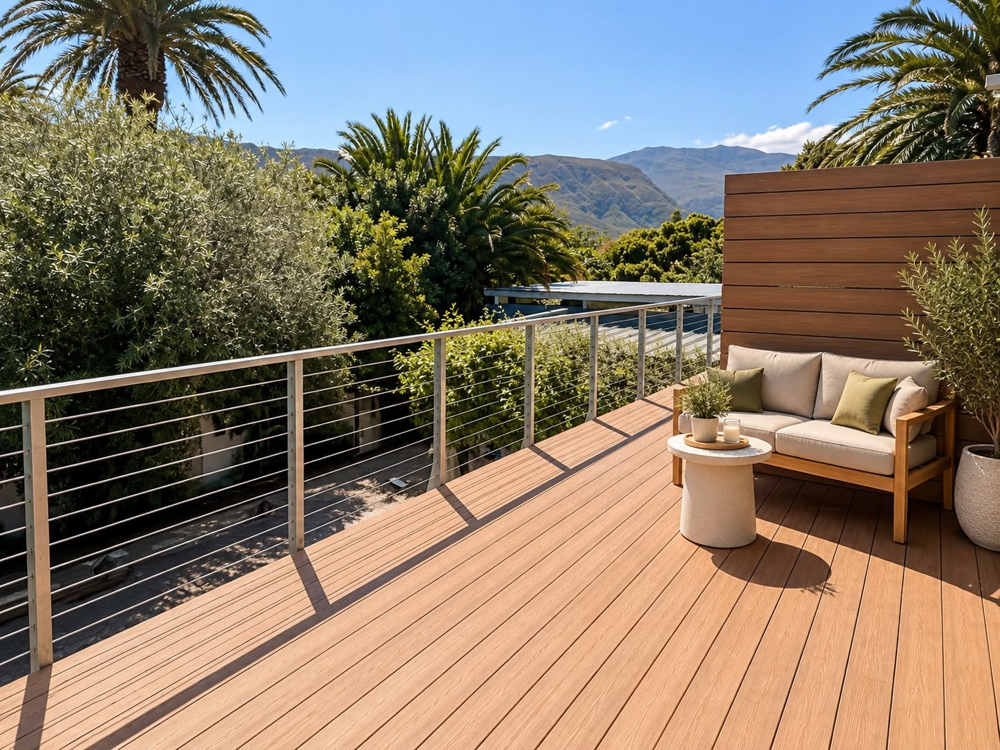 Um deck de madeira com um sofá e uma mesinha, rodeado por vegetação e vista para montanhas.