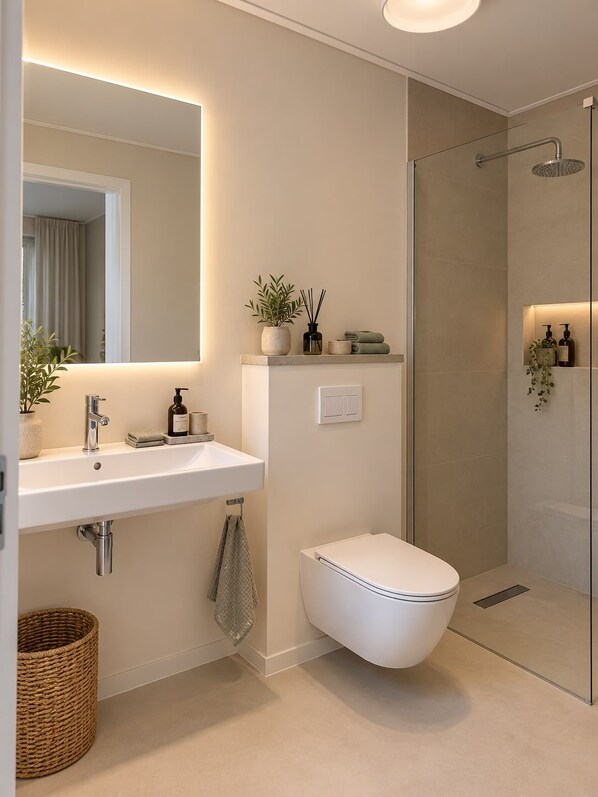 Un baño moderno con un lavamanos blanco, un inodoro y una zona de ducha con mampara de vidrio.