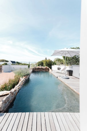 Outdoor pool, pool umbrellas, sun loungers