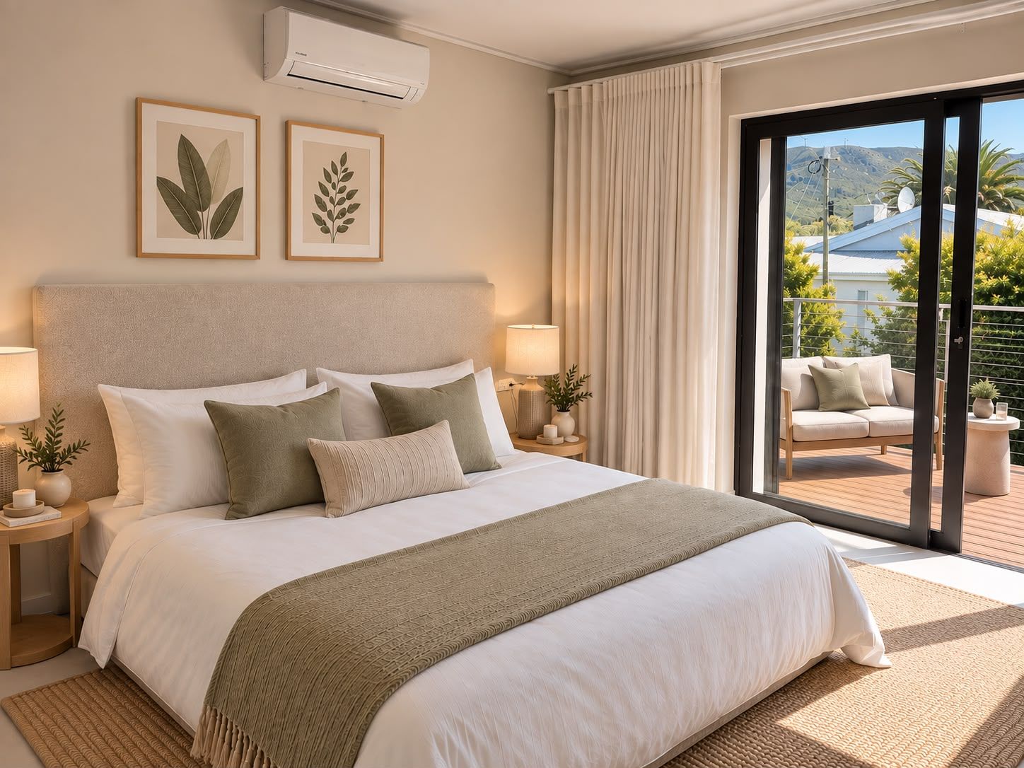 A hotel bedroom with a large bed, two bedside lamps, a view of the outdoors, and a ceiling-mounted air conditioner.