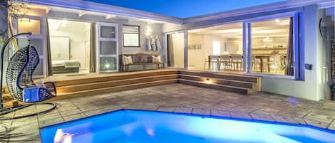 Outdoor pool, pool umbrellas, pool loungers