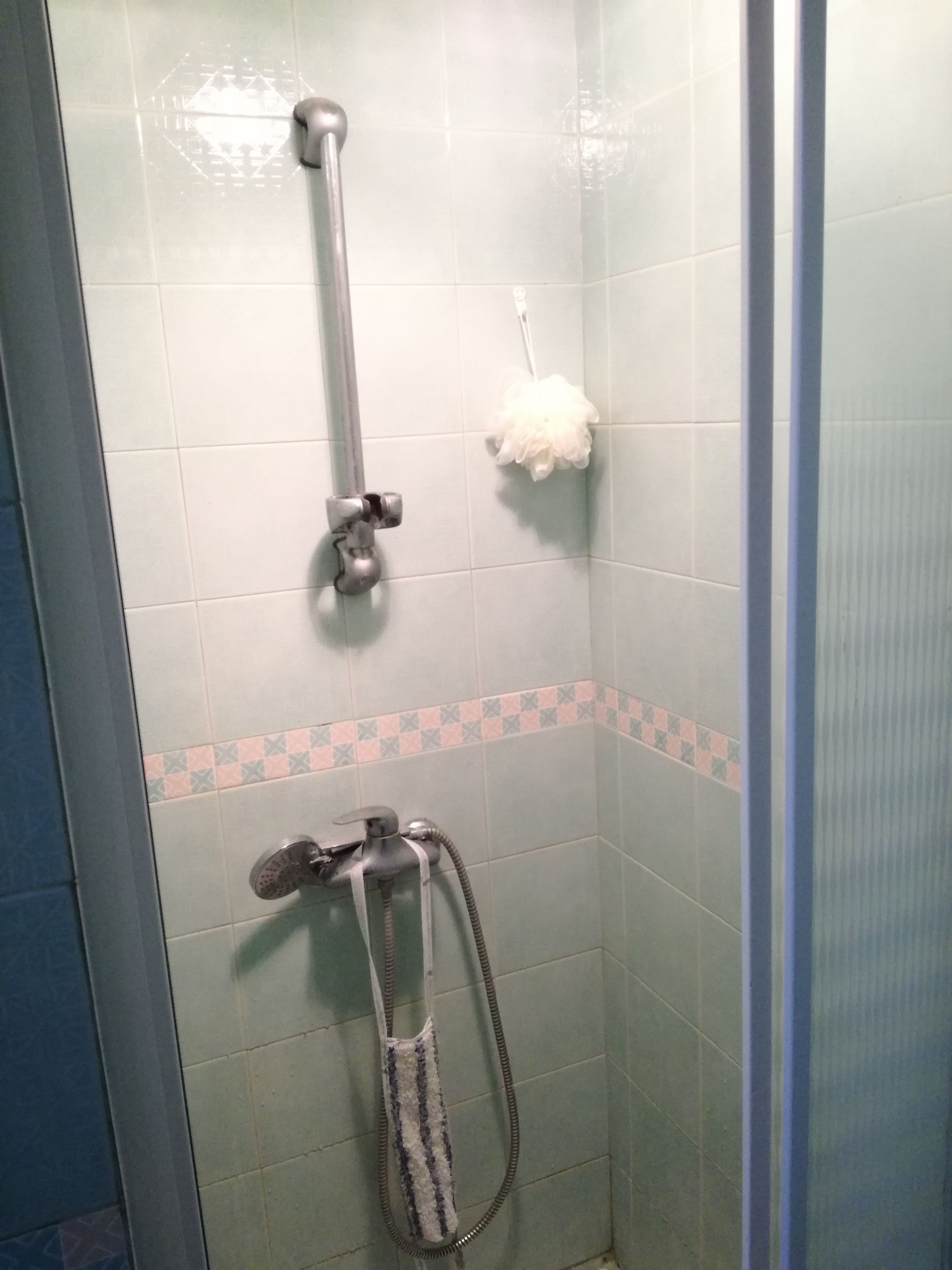Een douche met een handdouche, een douchekop aan de muur en een slang voor de handdouche.