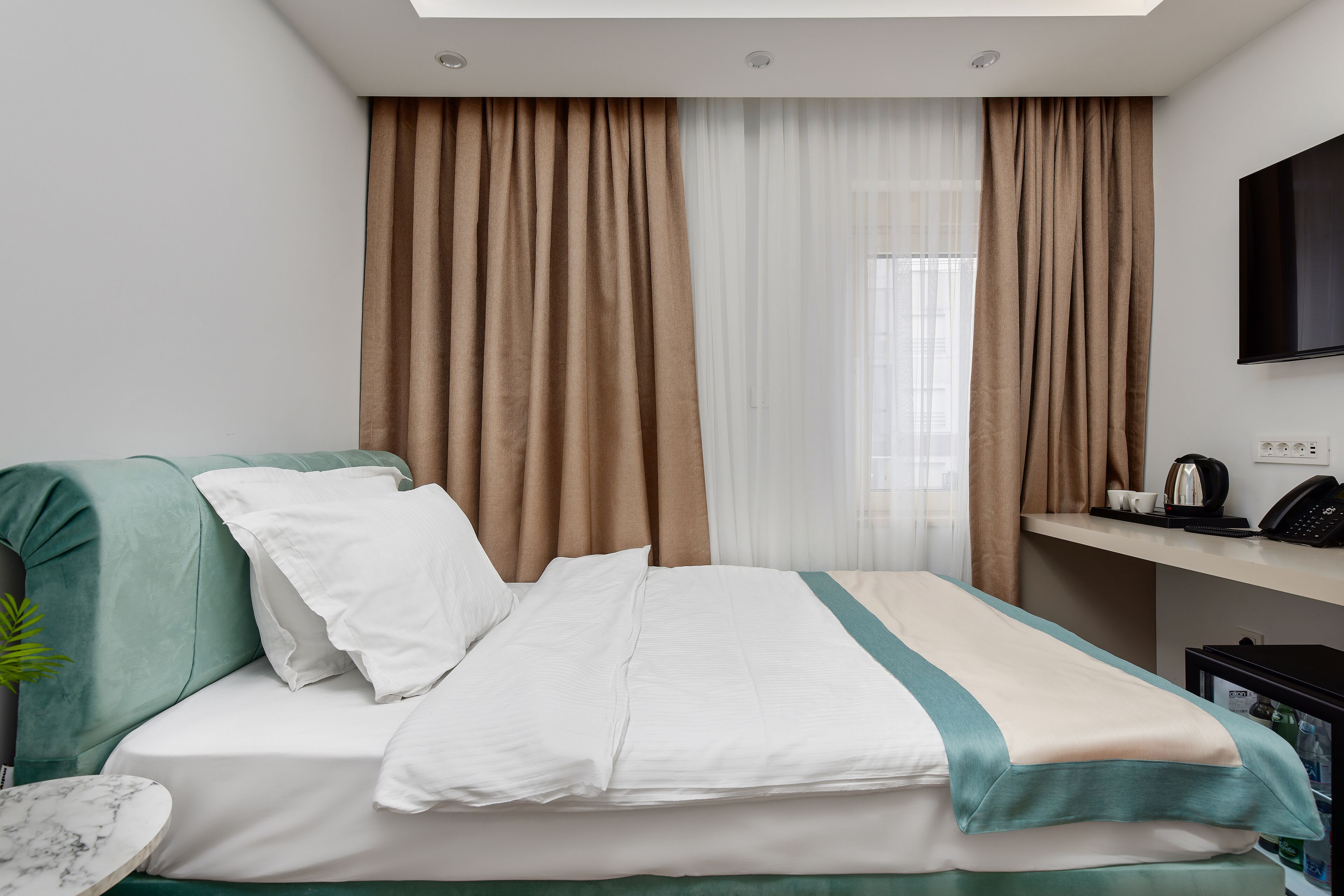 A hotel room with a bed, a desk, a TV, and a plant.