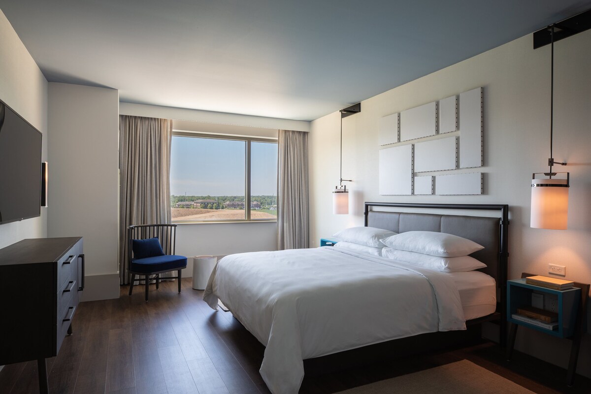 A modern hotel room with a large bed, a desk, a chair, a TV, a window with curtains, and a view of the landscape.