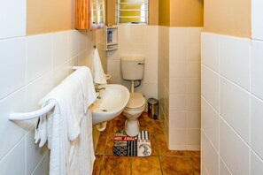 A small bathroom with a toilet, bidet, and sink. There is a towel rack and a trash bin.