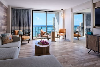 Suite, 2 Bedrooms (2 King Beds) | 1 bedroom, in-room safe, desk, iron/ironing board at  OUTRIGGER Waikiki Beachcomber Hotel