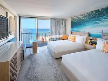 Diamond Head Room, 2 Double Beds, Ocean View | 1 bedroom, in-room safe, desk, iron/ironing board at  OUTRIGGER Waikiki Beachcomber Hotel