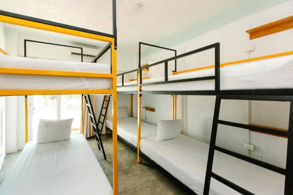 Ein Schlafsaalzimmer mit Etagenbetten, einer Stehleiter und einem kleinen Regal.