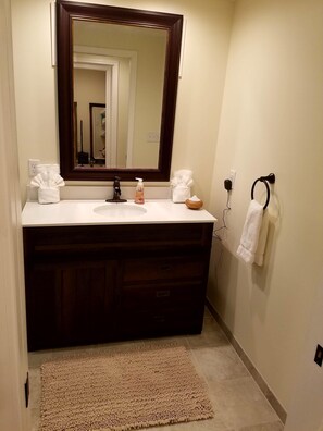 A well-appointed bathroom with a large mirror, sink, and vanity, featuring a comfortable rug and convenient storage.