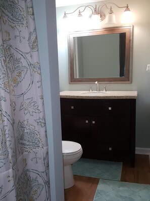 Combined shower/bathtub, hair dryer, towels