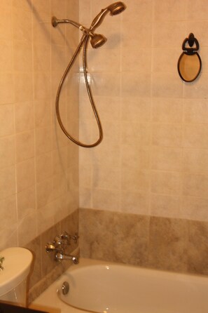 Combined shower/bathtub, hair dryer, towels, soap