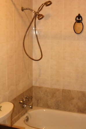 Combined shower/tub, hair dryer, towels, soap