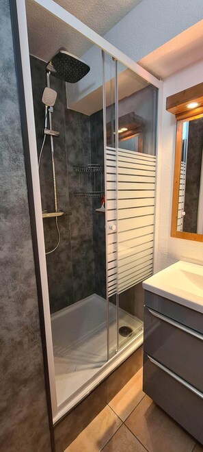 Bañera con ducha, secador de pelo, toallas, papel higiénico