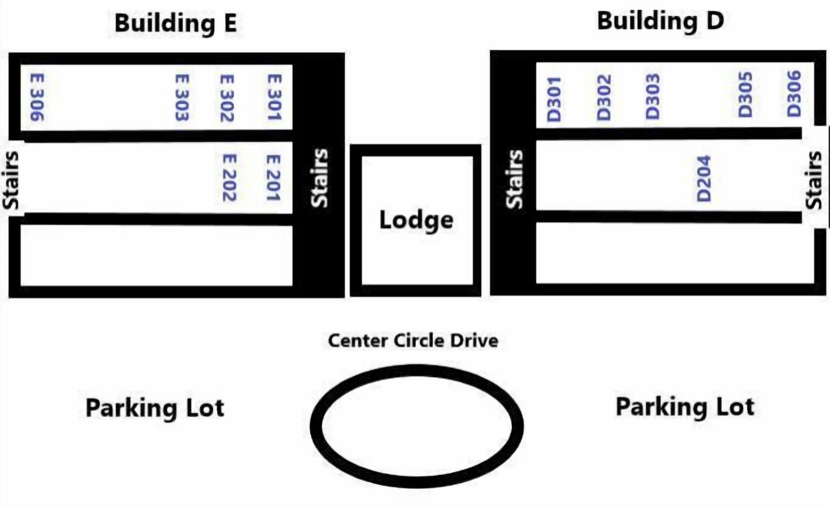 Ein Grundriss eines Gebäudes mit zwei Hauptbereichen, Gebäude E und Gebäude D, wobei jeder Bereich mehrere Zimmer und eine zentrale Lodge aufweist. Auf beiden Seiten des Gebäudes befinden sich Parkplätze.