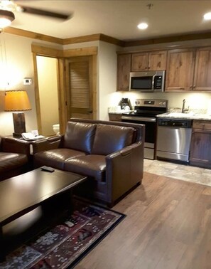 Cozy living space with a kitchenette, sofa, and dining area.