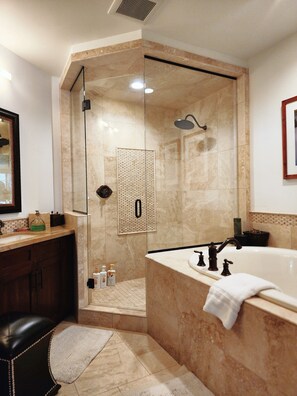 Shower, hair dryer, towels, soap