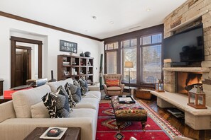 TV, fireplace, DVD player, books