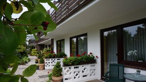 Un espacio al aire libre cubierto con plantas en macetas y una silla verde.