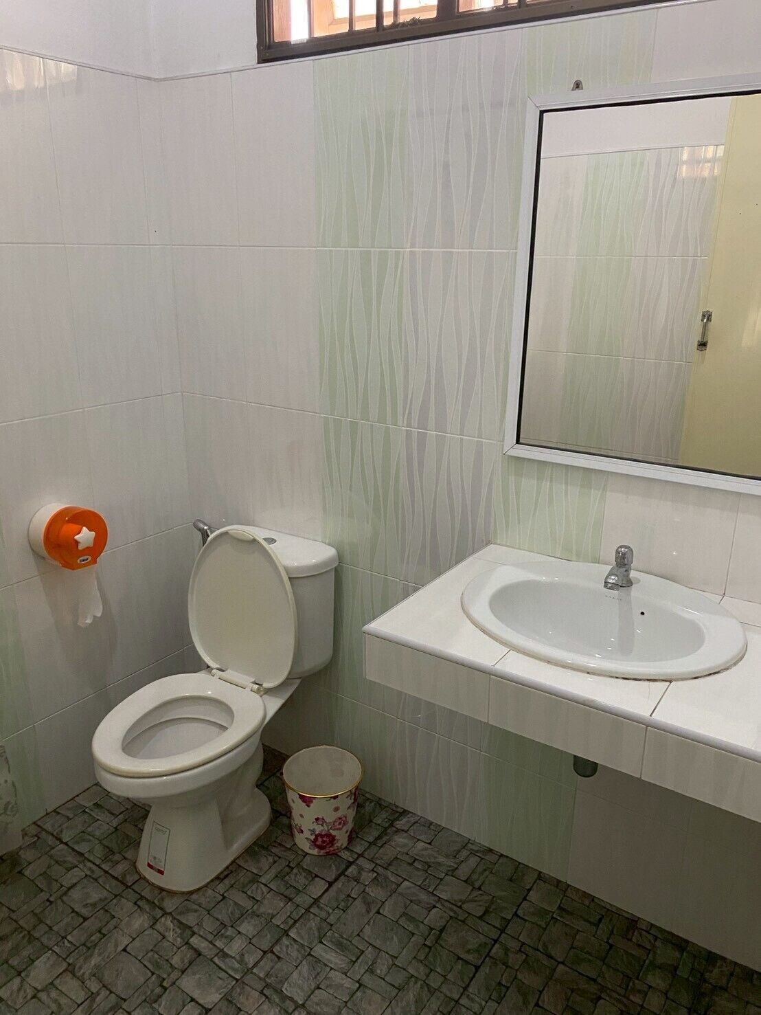 A bathroom with a toilet, sink, and mirror.